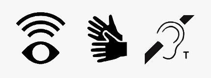 Symboler i svartvit för syntolkning, teckenspråkstolkning och hörslinga